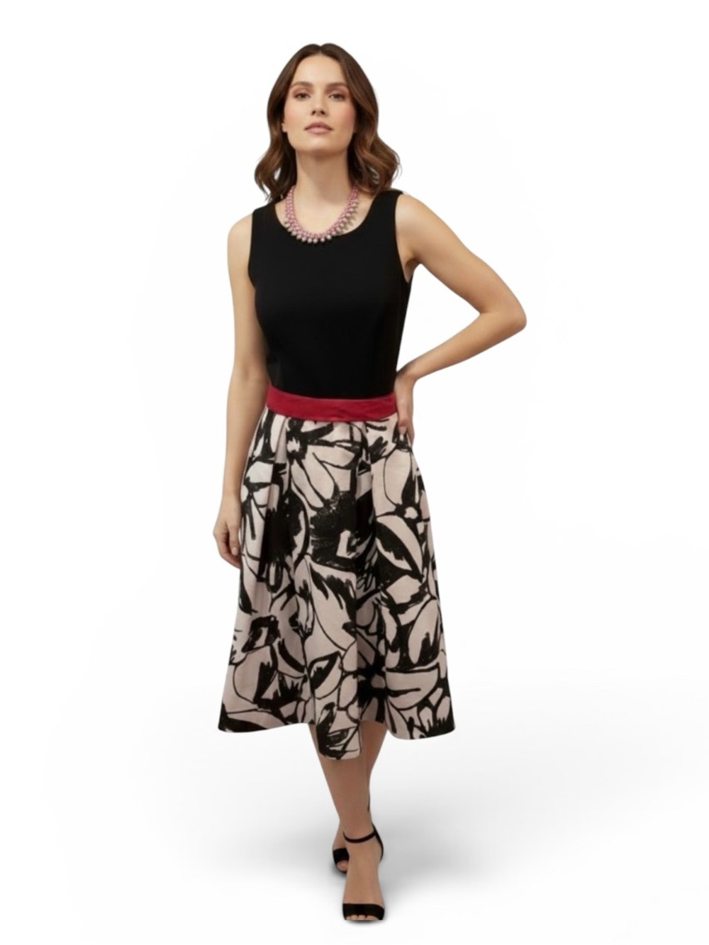 WHBM Dress w Black and White Floral Skirt, Black Jersey Top, & Pink Waist Bow, 4